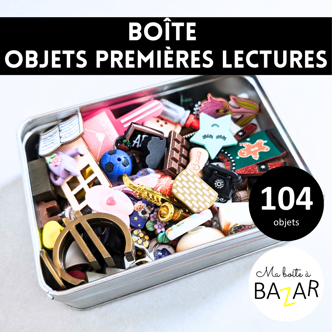 Boîte des 104 objets premières lectures + PDF – Séries phonétiques Montessori