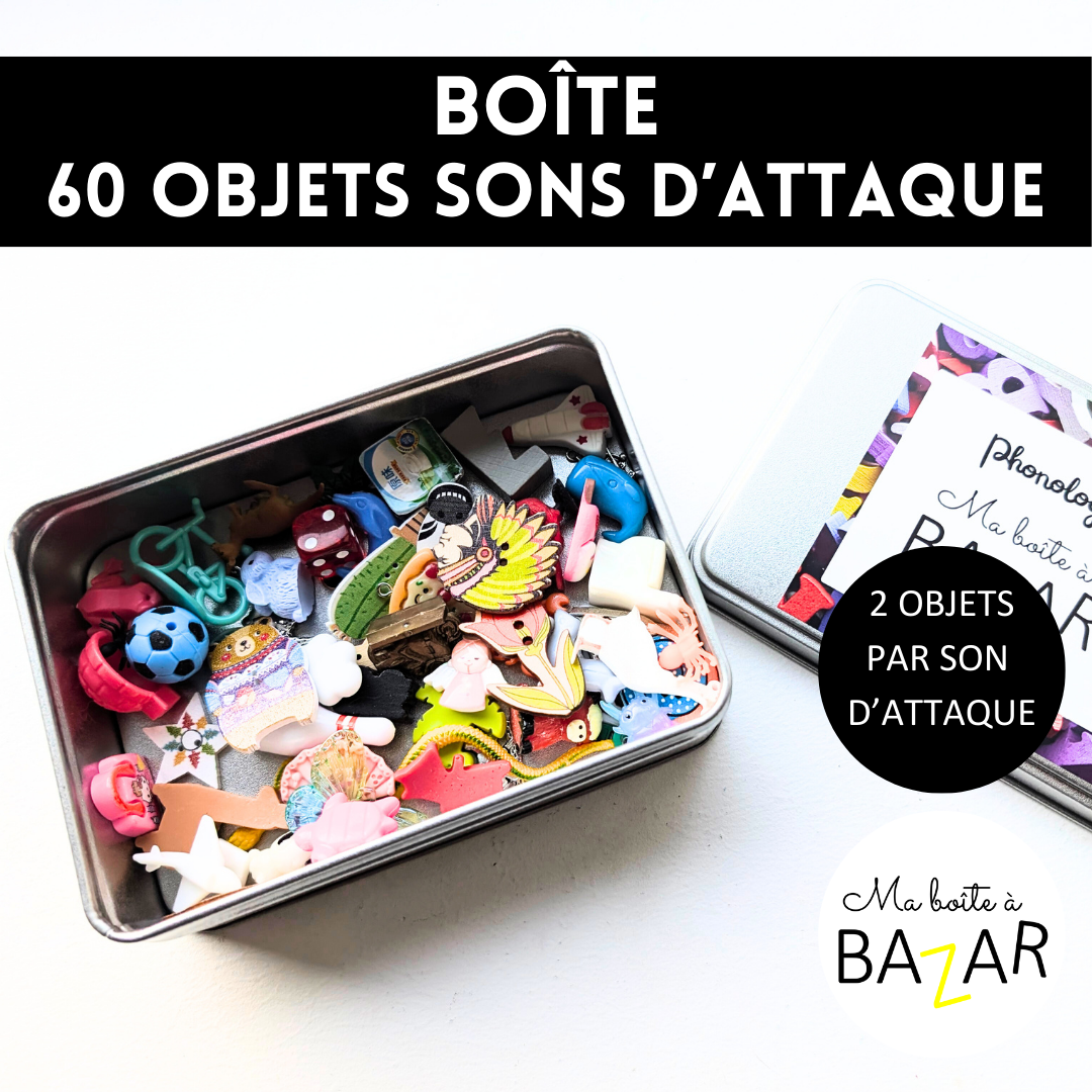 Boîte des 60 petits objets phonologiques + PDF – Sons d’attaque Montessori et son des lettres