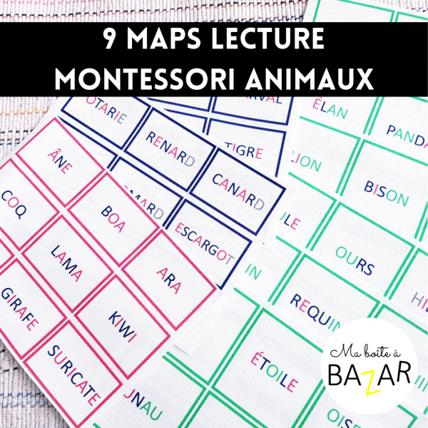 9 maps lecture animaux – Séries Montessori rose, bleue & verte