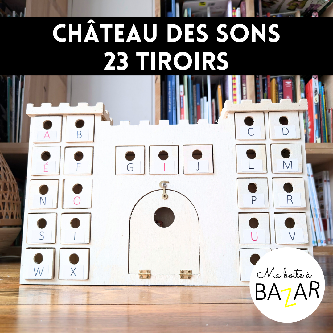 Le château des sons – boîte phonologique 23 tiroirs avec étiquettes