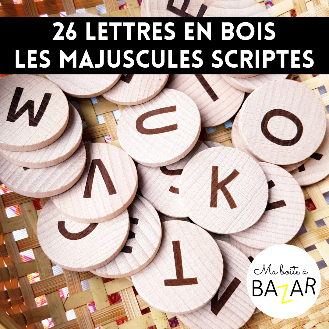26 jetons lettres alphabet en majuscules scriptes – bois gravé 4 cm