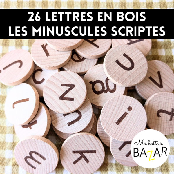 26 jetons lettres alphabet en minuscules scriptes – bois gravé Ø 4 cm