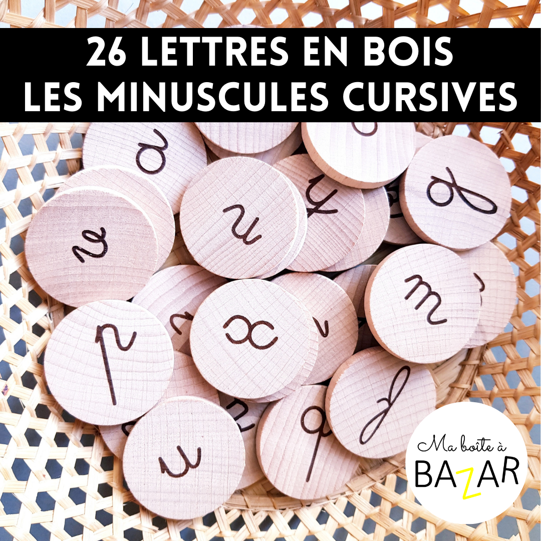 26 jetons lettres alphabet en minuscules cursives (attachées) – bois gravé Ø 4 cm